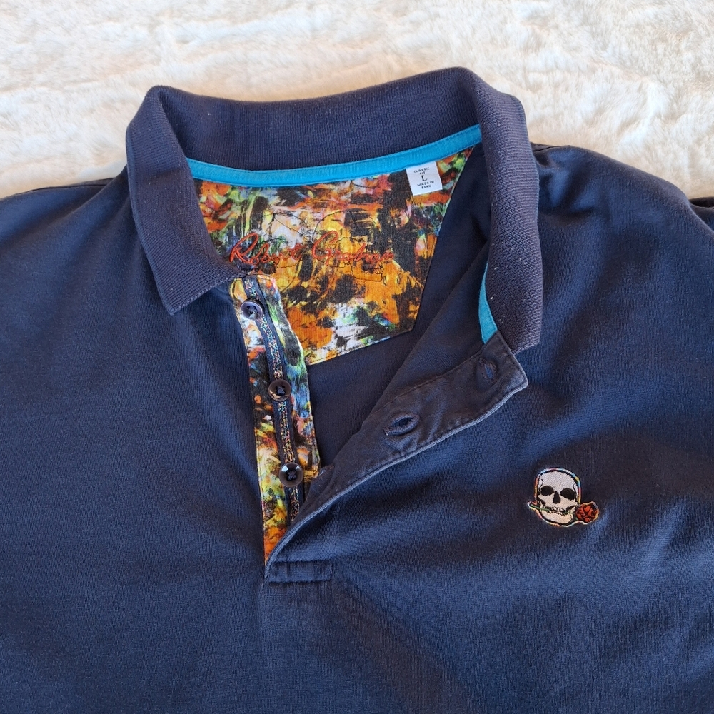 Robert Graham Embroidered Skull with Rose Navy Cotton Polo Shirt  Men Size Large - Picture 9 of 16